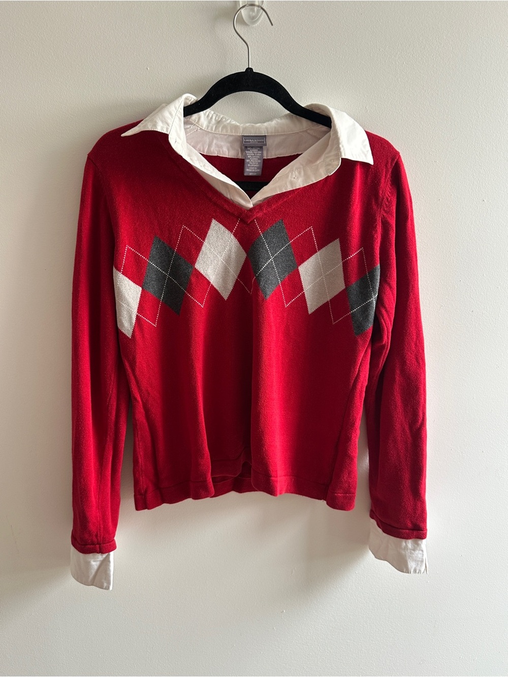 Laura Scott Red Argyle V-Neck Sweater with Faux White Collar